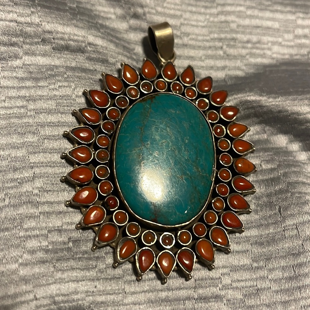Beautiful large turquoise and coral pendant